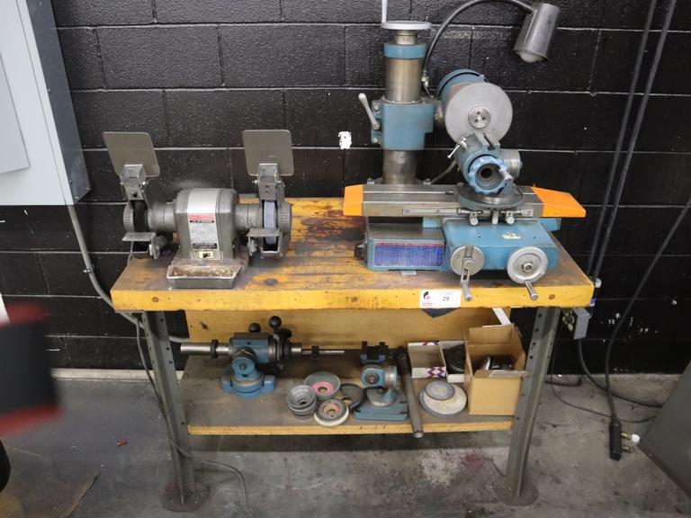KO Lee End Mill Grinder with Attachments, Craftsman Double End Bench Grinder and Maple Top Work Bench