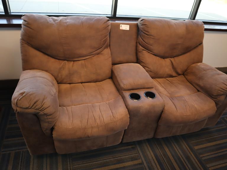 Reclining Love Seat, Brown Suede with Center Console