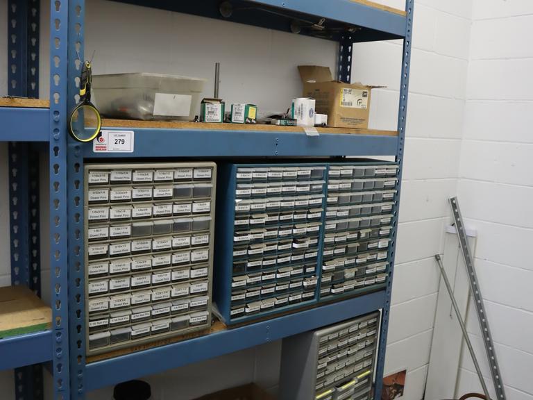 Teardrop Style Adjustable Shelf Racking with 6 Shelves with Assorted Contents of Multi Bin Organizers with Fasteners and Hardware