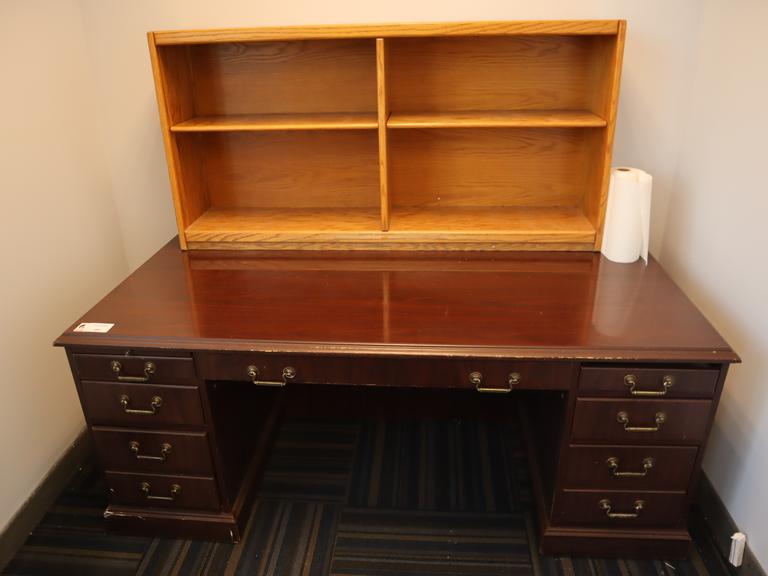 Wooden Office Desk with Side and Center Drawers and Top Book Shelf