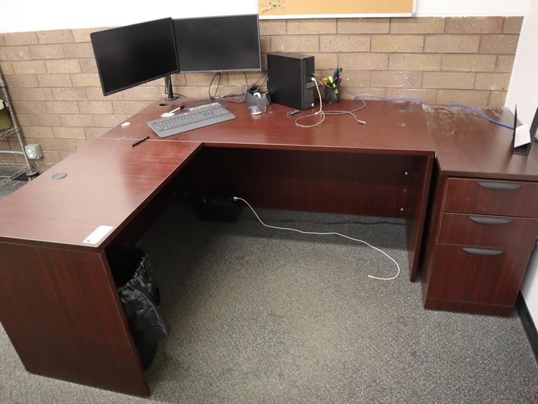 L-Shaped Laminated Office Desk with 2 Door File Cabinets and Dell Core I5 VPro 9th Gen PC with Sceptre 23" Dual Monitors, Keyboard and Mouse