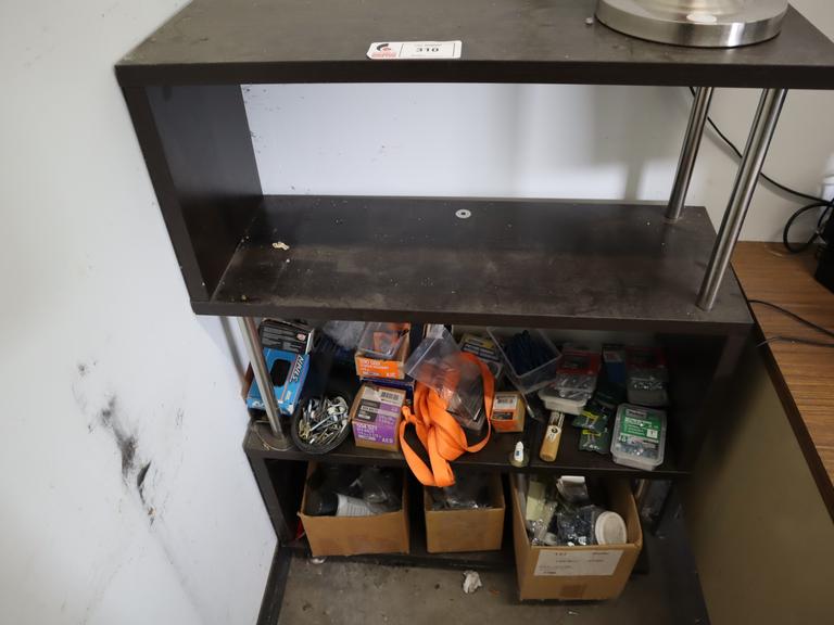 Shelf Unit with Table Lamp and Assorted Hardware and Fasteners