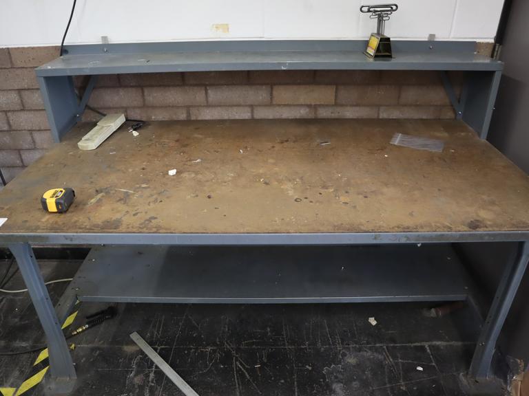 Steel Frame Work Bench with Particle Board Top and Upper and Lower Shelves