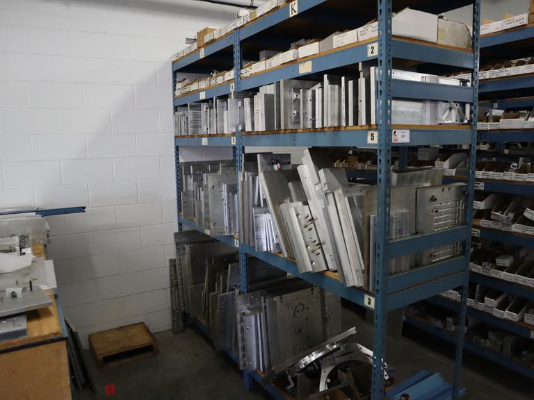 Teardrop Style Racking (2) 4' Sections, (10) Shelves,  with Contents of Mostly Aluminum Fixture Plates with Steel Hardware