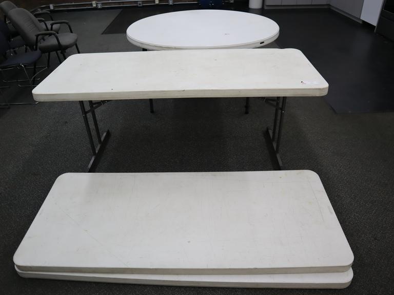 Lifetime White Plastic Top Folding Tables, (3) Rectangle 72" x 30" x 29", (1) Round 60" x 29"