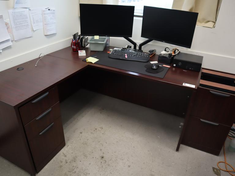 L-Shaped Office Desk with Side File, Laminate Wood Top, with Dell PC, LG Monitors, Keyboard, Mouse and Surge Protector