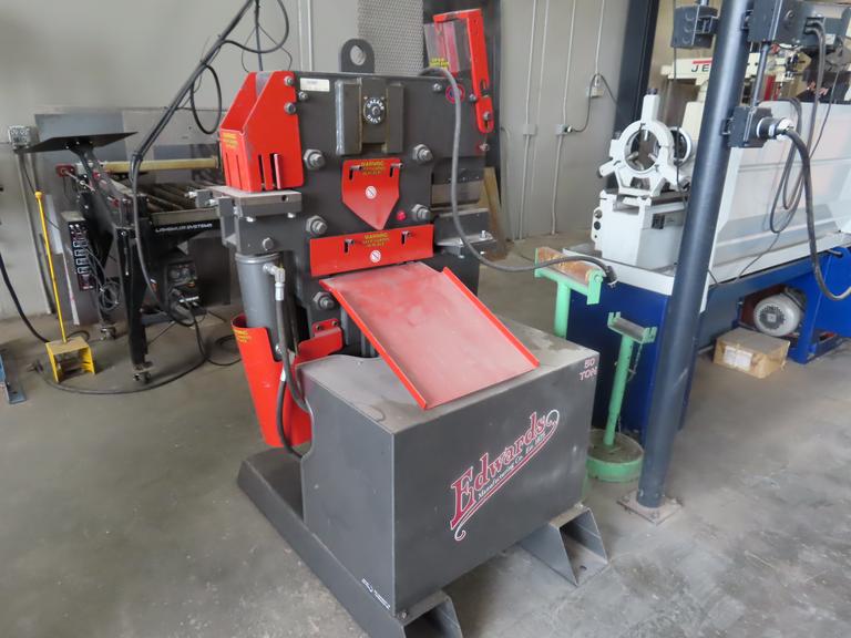 Edwards 50 Ton Hydraulic Iron Worker, Coper/Notcher, Flat Shear, Angle Shear, Single Phase