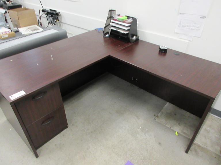 L-Shaped Office Desk with 2 Drawer Cabinet, Laminate Wood Top and Assorted Contents