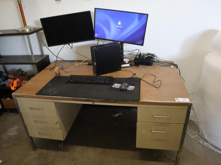 Steel 5 Drawer Shipping Desk with Computer, 2 Monitors