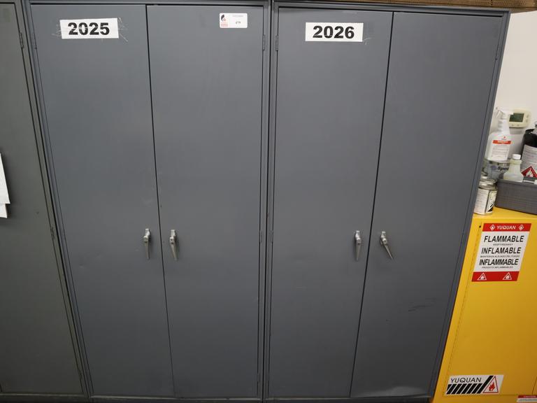 Metal 2 Door Heavy Duty Storage Cabinets (2 Units) with Adjustable Shelves and Contents of Plastic Bins and Parts