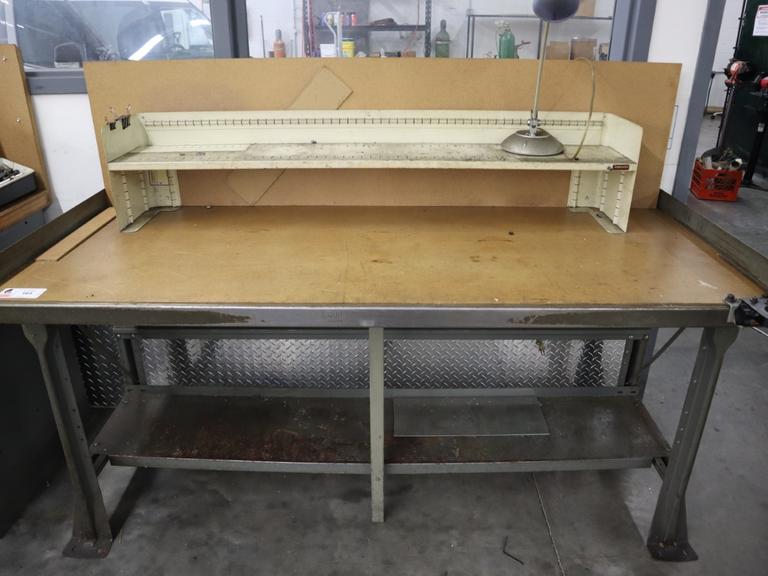 Steel Frame Work Bench with Laminate Particle Board Top and Lower Shelf, CAT40 Tool Vise