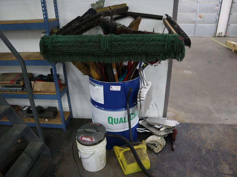 Drum of Cleaning Tools, Brooms, Squeegees, Dust Pans, Bucket Vac