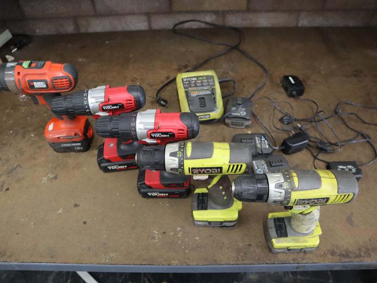 Cordless Drills, Assorted Brands, Ryobi, Hyper Tough, Black and Decker