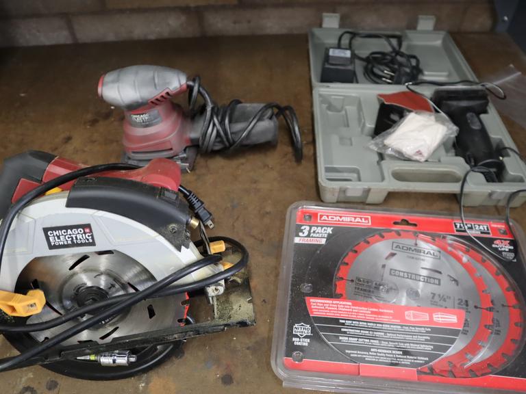 Chicago Electric Corded 7-1/4" Circular Saw with Extra Blades, 1/4 Sheet Palm Sander, and Mini Sander