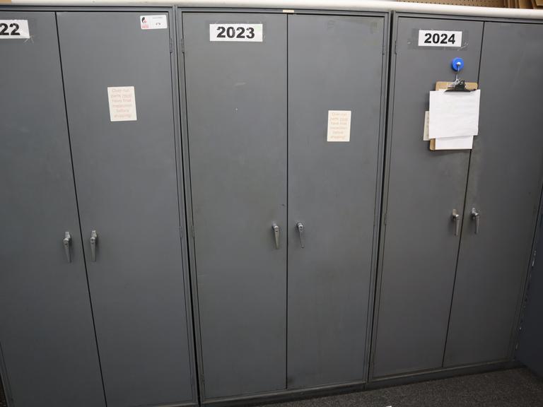 Metal 2 Door Heavy Duty Storage Cabinets (3 Units) with Adjustable Shelves and Contents of Plastic Bins and Parts
