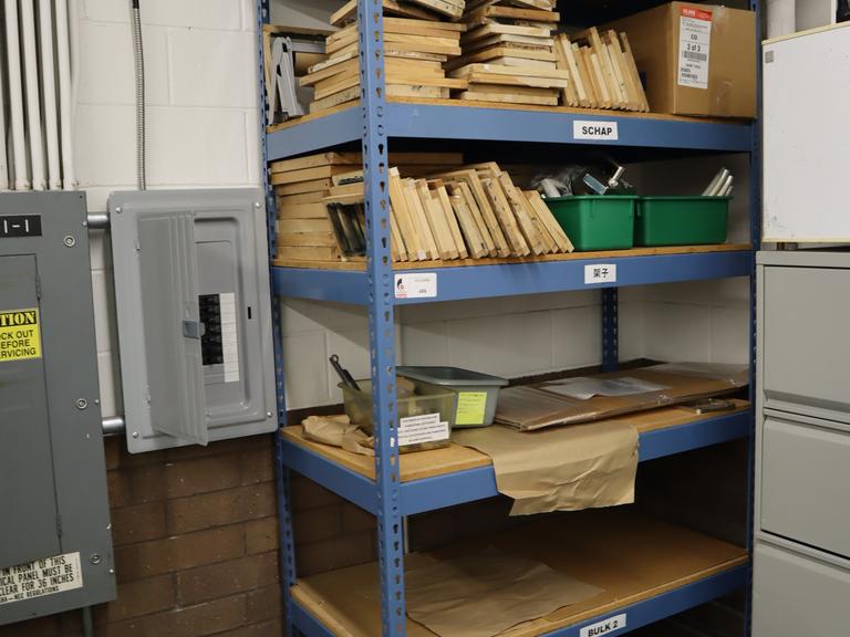Teardrop Style Racking with 6 Adjustable Shelves and Contentes of Wood Frame Screens, Foam, Fixtures