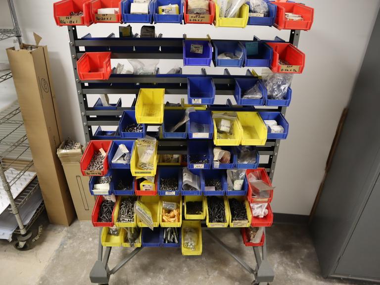Rolling Tree Rack with Plastic Hanging Bins with Contents of Hardware and Fasteners