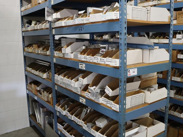 Teardrop Style Racking (2) 4' Sections, (15) Shelves,  with Contents of Mostly Aluminum Fixture Plates with Steel Hardware, And Tooling