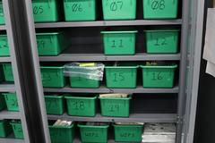 Metal 2 Door Heavy Duty Storage Cabinets (3 Units) with Adjustable Shelves and Contents of Plastic Bins and Parts