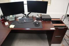 L-Shaped Office Desk with Side File, Laminate Wood Top, with Dell PC, LG Monitors, Keyboard, Mouse and Surge Protector