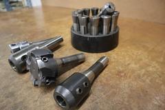 R8 Collets in Carousel, Assorted R8 Tool Holders, End Mill, Boring Head, Shell Mill