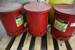 Oily Waste Containers, (3) Just-Rite 10 Gallon Foot Lever Operated, (2) Galvanized Cans With Lids, (1) Plastic Can
