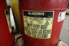 Oily Waste Containers, (3) Just-Rite 10 Gallon Foot Lever Operated, (2) Galvanized Cans With Lids, (1) Plastic Can