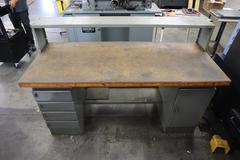 Equipton Work Bench, Wood Top, Upper Shelf, Lower Shelf, Base with 4-Drawers and Cabinet