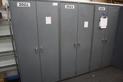 Metal 2 Door Heavy Duty Storage Cabinets (3 Units) with Adjustable Shelves and Contents of Plastic Bins and Parts