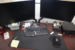 L-Shaped Office Desk with Side File, Laminate Wood Top, with Dell PC, LG Monitors, Keyboard, Mouse and Surge Protector