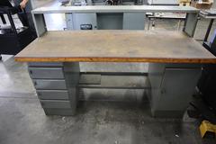 Equipton Work Bench, Wood Top, Upper Shelf, Lower Shelf, Base with 4-Drawers and Cabinet