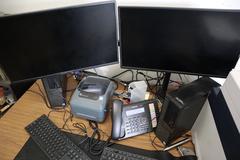 Steel 5 Drawer Shipping Desk with Computer, Monitors, Xerox Scanner Printer