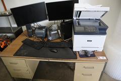Steel 5 Drawer Shipping Desk with Computer, Monitors, Xerox Scanner Printer