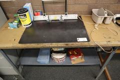 Steel Frame Work Bench with Wood Top and Wooden Work Bench with Contents