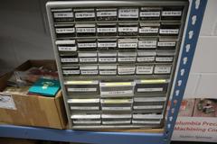 Teardrop Style Adjustable Shelf Racking with 6 Shelves with Assorted Contents of Multi Bin Organizers with Fasteners and Hardware