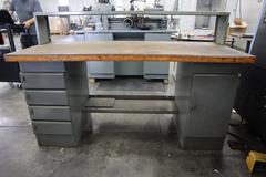 Equipton Work Bench, Wood Top, Upper Shelf, Lower Shelf, Base with 4-Drawers and Cabinet