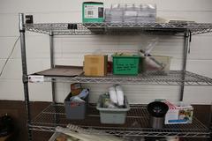 Rolling Wire Racking Unit with 6 Adjustable Shelves and Assorted Contents