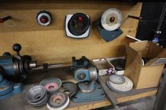KO Lee End Mill Grinder with Attachments, Craftsman Double End Bench Grinder and Maple Top Work Bench