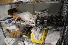 Rolling Adjustable Shelf Wire Racking with 6 Shelves and Contents Hardware, Clamps and Assorted Tools