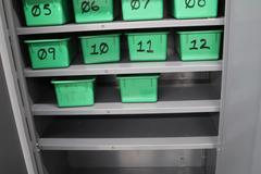 Metal 2 Door Heavy Duty Storage Cabinets (2 Units) with Adjustable Shelves and Contents of Plastic Bins and Parts