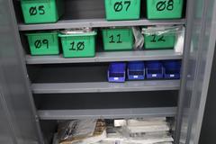 Metal 2 Door Heavy Duty Storage Cabinets (2 Units) with Adjustable Shelves and Contents of Plastic Bins and Parts