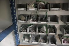 Wall with Teardrop Style Adjustable Racking 5 Shelves, and Mounted Bins with Contents, Hardware, Fasteners, Heli Coil Thread Inserts, and More