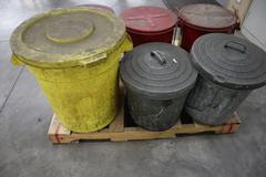 Oily Waste Containers, (3) Just-Rite 10 Gallon Foot Lever Operated, (2) Galvanized Cans With Lids, (1) Plastic Can