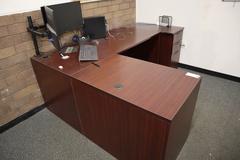 L-Shaped Laminated Office Desk with 2 Door File Cabinets and Dell Core I5 VPro 9th Gen PC with Sceptre 23" Dual Monitors, Keyboard and Mouse