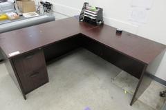 L-Shaped Office Desk with 2 Drawer Cabinet, Laminate Wood Top and Assorted Contents