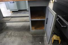 Equipton Work Bench, Wood Top, Upper Shelf, Lower Shelf, Base with 4-Drawers and Cabinet