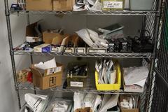 Rolling Adjustable Shelf Wire Racking with 6 Shelves and Contents Hardware, Clamps and Assorted Tools