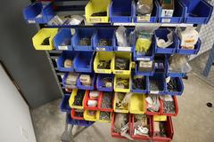 Rolling Tree Rack with Plastic Hanging Bins with Contents of Hardware and Fasteners