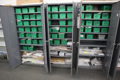 Metal 2 Door Heavy Duty Storage Cabinets (3 Units) with Adjustable Shelves and Contents of Plastic Bins and Parts