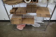 Wire Shelf Unit with 6 Adjustable Shelves, and Contents of Shipping Supplies, Boxes, Shrink Wrap, Corner Protectors and Tape